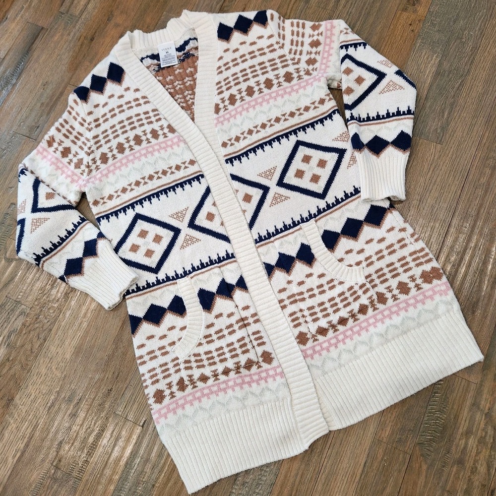 SERRA Pink Blue Tan Cream Tribal Aztec Long Sleeve Cardigan Pockets Size Medium - Picture 8 of 8